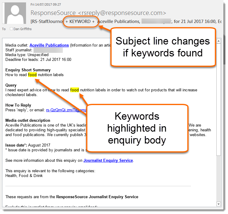 ResponseSource Journalist Enquiry Service keyword highlighting example from within an email message