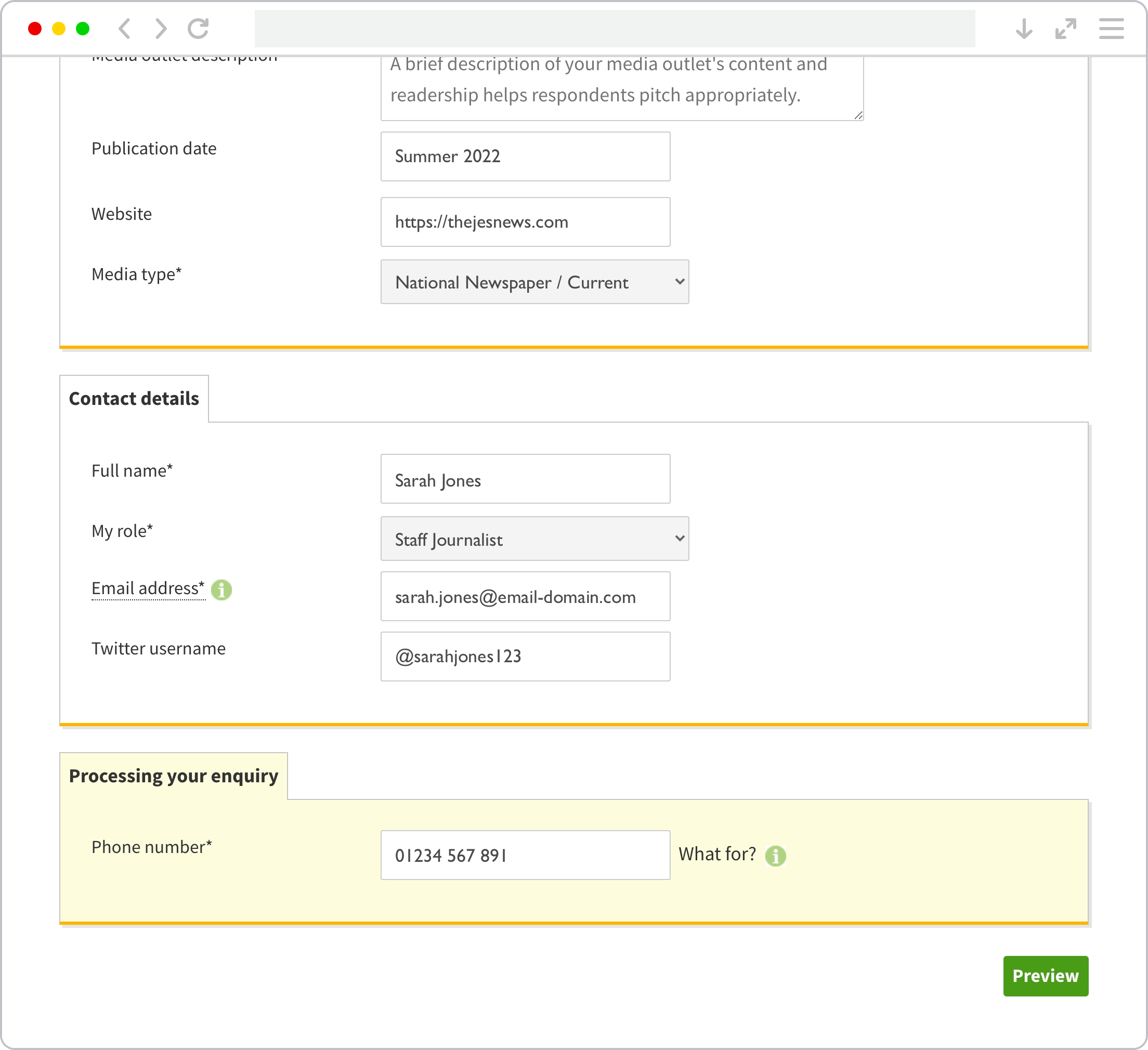 screenshot of journalist enquiry web form