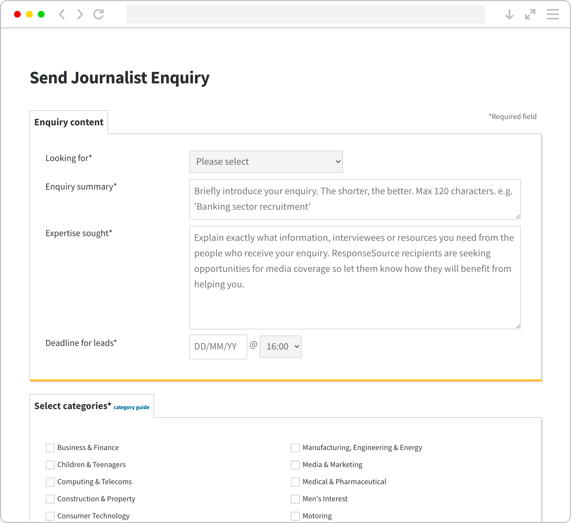 screenshot of journalist enquiry web form