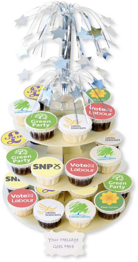 Tower of election-themed cupcakes