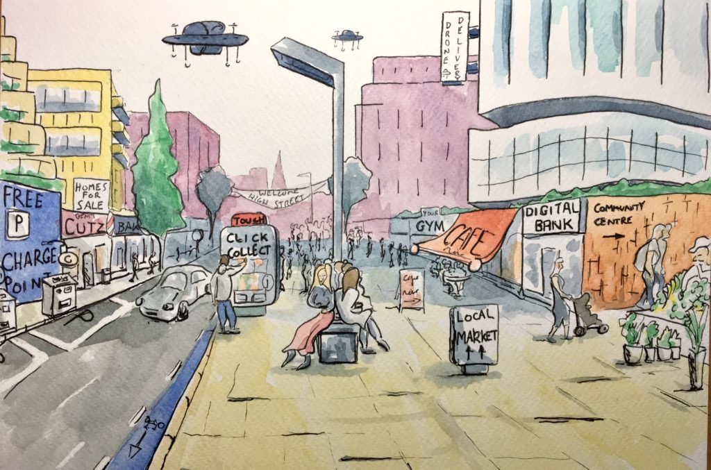 Cartoon image of the High Street of the future, with gym, click and collect, hairdresser, cafe, electric car charging points